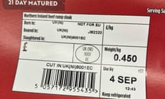 An Asda ‘not for EU’ label on beef rump steak sold in Northern Ireland