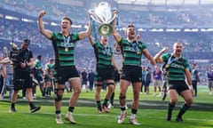 Northampton Saints player celebrate winning the Gallagher Premiership final at Twickenham Stadium.