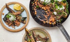 It starts with a bit of leftover yoghurt: Tom Hunt's marinated lamb and aubergine with za’atar, served with Palestinian couscous, beetroot leaves and chickpeas.