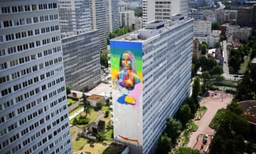 A mural representing the 'Mona Lisa' by Spanish street artist Oscar Okuda, Paris