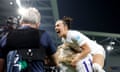 Georgia Stanway celebrates with her England teammates Lauren Hemp and Lucy Bronze.