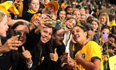 Olympic Women's Soccer qualification - Australia vs Iran<br>epa10940380 Sam Kerr of Australia has a picture taken with fans after the Women's Olympic Football Tournament Paris 2024 Asian Qualifiers Round 2 soccer match between Australia and IR Iran at HBF Park in Perth, 26 October 2023. EPA/RICHARD WAINWRIGHT AUSTRALIA AND NEW ZEALAND OUT
