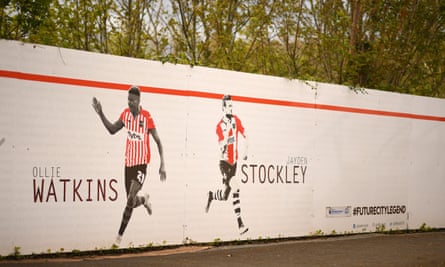 A mural inside Exeter’s St James’ Park of former players Ollie Watkins and Jayden Stockley.