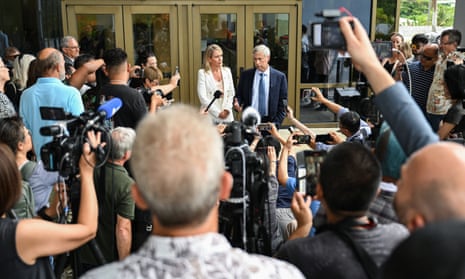 Barry Pollack (centre right) speaking to the media beside lawyer Jennifer Robinson.