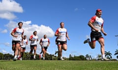 Dolphins players on the run during the club’s first NRL training session in Redcliffe.