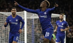 Chelsea’s Callum Hudson-Odoi celebrates after scoring his team’s third goal against PAOK.