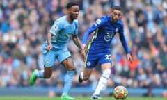 Raheem Sterling of Manchester City runs ahead of Hakim Ziyech of Chelsea