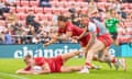 Tom Davies scores a try for Catalans Dragons against Leigh.