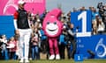 Golf Sixes<br>A six-shaped mascot jumps for joy as he sees a tee-shot from Chris Wood of England land on the 1st green during the inaugural Golf Sixes tournament at Centurion Golf Club near St Albans on May 7th 2017 in Hertfordshire (Photo by Tom Jenkins) FOR SPORT 2.0 PROJECT