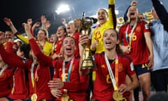 Spain v England: Final - FIFA Women's World Cup Australia &amp; New Zealand 2023<br>SYDNEY, AUSTRALIA - AUGUST 20: Aitana Bonmati and Spain players celebrate after the team's victory in the FIFA Women's World Cup Australia &amp; New Zealand 2023 Final match between Spain and England at Stadium Australia on August 20, 2023 in Sydney / Gadigal, Australia. (Photo by Alex Pantling - FIFA/FIFA via Getty Images)