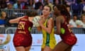 Australia captain Liz Watson clashes with Alice Harvey and Funmi Fadoju of England during their Quad Series opener in Cape Town.