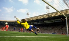 Wimbledon's Dave Beasant saves a penalty from Liverpool’s John Aldridge