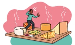 Illustration of a cheeseboard, upon which a miniature Stephen Bush (or perhaps it is simply a giant cheeseboard) tiptoes gingerly through monolith-sized slabs and wedges of smelly cheese, their odour represented graphically in the time-honoured way with wavy thin lines floating skywards.
