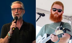 Billy Bragg, left, at Glastonbury 2023 and Oliver Anthony performing in Moyock, North Carolina.