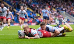 Oliver Holmes goes over to score Leigh’s first try during the Challenge Cup semi-final against St Helens.