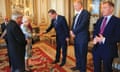 Britain's Speaker of the House of Commons John Bercow (L) introduces British Prime Minister David Cameron (C) to Britain's Queen Elizabeth II, as Chris Grayling (2nd R), Leader of the British House of Commons and Chris Bryant (R), shadow leader of the House of Commons, look on during a reception in Buckingham Palace in London on May 10, 2016.
Delegations from both Houses of Parliament, comprised of representatives from across the political spectrum visited The Queen at Buckingham Palace to mark her 90th Birthday. / AFP PHOTO / POOL / PAUL HACKETTPAUL HACKETT/AFP/Getty Images