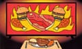 illustration of a TV with meat on it, and meat on a plate in front of it