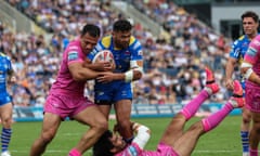 Leeds' Rhyse Martin tries to power his way through the Hull KR defence during their Super League defeat.