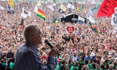 Jeremy Corbyn addresses the crowd on the Pyramid Stage. Glastonbury Festival. Photograph by David Levene 24/6/17