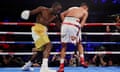 Terence Crawford v Amir Khan - WBO World Welterweight Title<br>Boxing - Terence Crawford v Amir Khan - WBO World Welterweight Title - Madison Square Garden, New York, U.S. - April 20, 2019. Terence Crawford with a low blow shot to Amir Khan. Action Images via Reuters/Andrew Couldridge     TPX IMAGES OF THE DAY