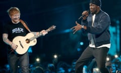 Ed Sheeran, left, and Stormzy performing at the Brit Awards.