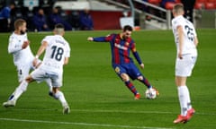 La Liga Santander - FC Barcelona v SD Huesca<br>Soccer Football - La Liga Santander - FC Barcelona v SD Huesca - Camp Nou, Barcelona, Spain - March 15, 2021 Barcelona’s Lionel Messi scores their fourth goal REUTERS/Albert Gea