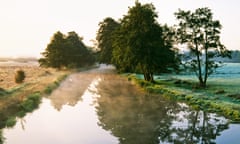 Trees reflected in a tranquil river on a misty early morning