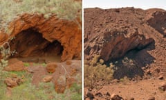 Before and after composite showing part of the Juukan Gorge site that was destroyed by Rio Tinto in May 2020.