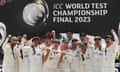 Pat Cummins of Australia lifts the ICC World Test Championship Mace during day five of the ICC World Test Championship final between Australia and India at the Oval on 11 June 11 2023.