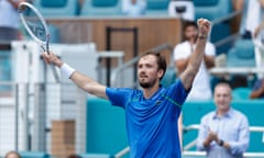 Daniil Medvedev celebrates after defeating Karen Khachanov at Hard Rock Stadium