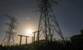 The sun rises behind electricity pylons and a sub station in Manchester