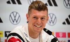 Toni Kroos gives a press conference at the team's base camp in Herzogenaurach