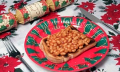 Beans on toast on a Christmas plate