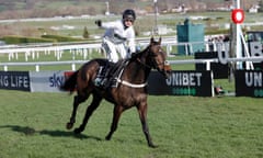 Nico De Boinville celebrates winning the Champion Hurdle on Constitution Hill.