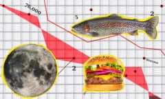 Composite image showing the moon, a rainbow trout, and a hamburger overlaid on a graph background