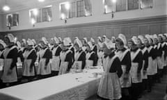 Girls line up for a meal at the Foundling Hospital.