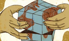 Human hands playing with a puzzle with a pattern of the globe on it
