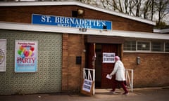 A voter enters a polling station in Whitefield, Greater Manchester during elections for Bury council in 2022.