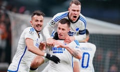 Copenhagen's Lukas Lerager celebrates a goal with teammates.