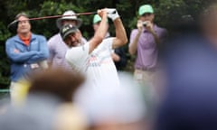 José María Olazábal plays his shot from the 15th tee during a practice round before the 2023 Masters.