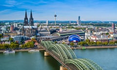 Cologne, Germany aerial view over the Rhine River.<br>DGXM77 Cologne, Germany aerial view over the Rhine River.