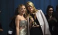 Laura Dern, winner of the award for best performance by an actress in a supporting role for “Marriage Story”, right, and Scarlett Johansson arrive at the Vanity Fair Oscar Party on Sunday, Feb. 9, 2020, in Beverly Hills, Calif. (Photo by Evan Agostini/Invision/AP)