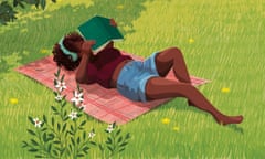 illustration of person reading book in summer