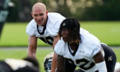 New Orleans Saints tight end Jimmy Graham smiles as he warms up at the team's training camp on Wednesday in Metairie, Louisiana.