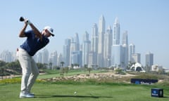 Lee Westwood of England tees off on the 8th hole during day two of the Dubai Desert Classic