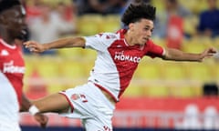 FBL-FRA-LIGUE1-MONACO-MARSEILLE<br>Monaco's French midfielder #21 Maghnes Akliouche shoots and scores a goal during the French football match between AS Monaco and Olympique de Marseille at the Louis II Stadium (Stade Louis II) in the Principality of Monaco on September 30, 2023. (Photo by Valery HACHE / AFP) (Photo by VALERY HACHE/AFP via Getty Images)