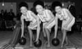 The Beverley Sisters, Babs, Joy and Teddie, at a bowling alley in Blackpool, Lancashire, in 1963.