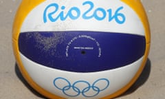 A ball lies in the sand at the Copacabana beach volleyball arena prior to the 2016 Summer Olympics in Rio de Janeiro, Brazil, Friday, Aug. 5, 2016. (AP Photo/Petr David Josek)