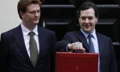Britain's Chief Secretary to the Treasury Danny Alexander (L) looks on as Britain's Chancellor of the Exchequer George Osborne holds the traditional red briefcase as he leaves for the Houses of Parliament from his official residence in Downing Street in central London March 21, 2012. He will deliver his 2012 Budget speech later today.  REUTERS/Suzanne Plunkett (BRITAIN - Tags: POLITICS BUSINESS) - RTR2ZNU2