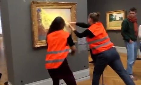 Climate change activists throw mashed potato at Monet painting – video